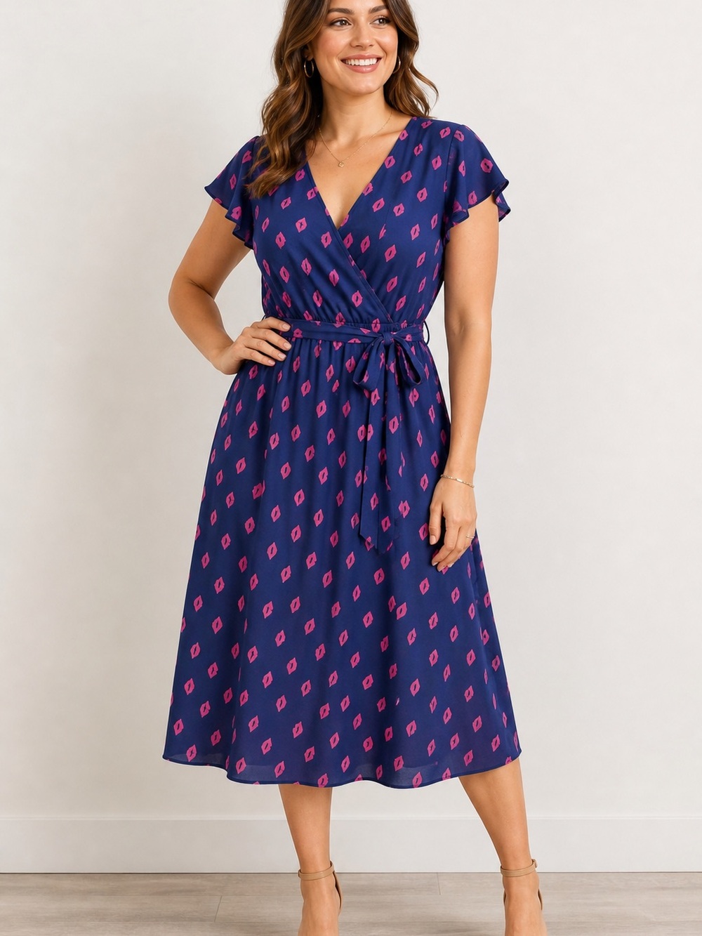 MODCLOTH Fits of Bliss Flutter Sleeve Faux Wrap Lips Midi Dress Size 2X Retro